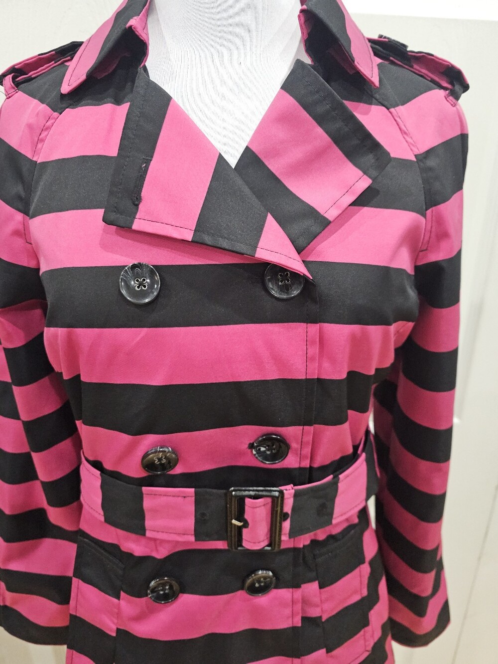 Cynthia Rowley Black Pink Striped Double Bressted Button Rain Jacket Coat Trench - Picture 5 of 16